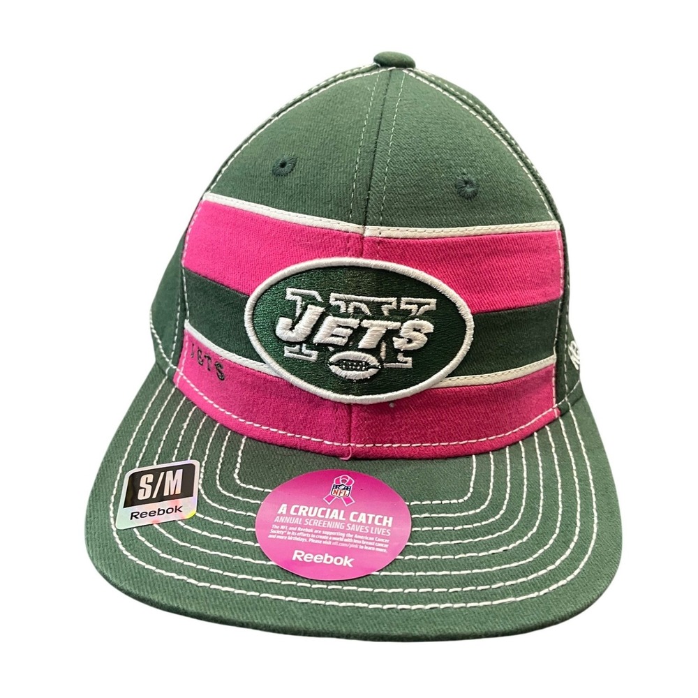 Reebok Hat Mens S/M Green NFL New York Jets Crucial Catch Breast Cancer Aware